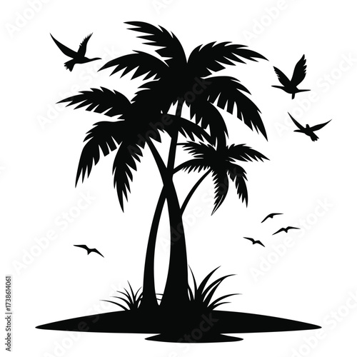 Silhouette of palm trees with birds flying around isolated on white background