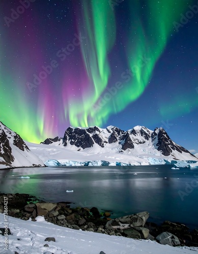 Vivid display of aurora borealis over snow-covered mountains and the sea