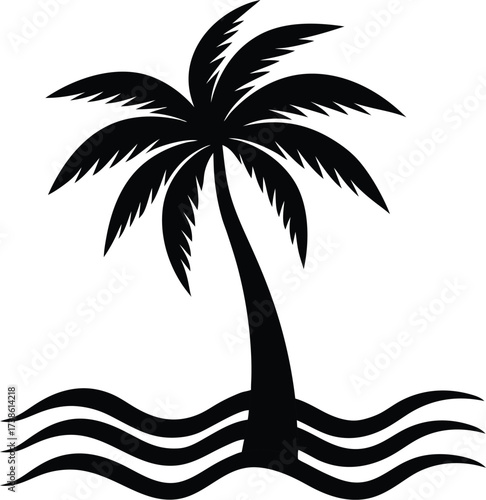 A black and white silhouette of a palm tree with wavy lines representing water at its base