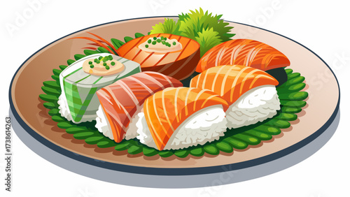 very beautiful Fresh raw mackerel and salmon nigiri sushi with rice and parsley are served on a white plate for a delicious Japanese meal.