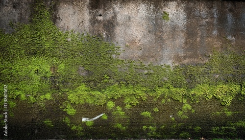 faded green moss and chalk markings on grimy concrete wall