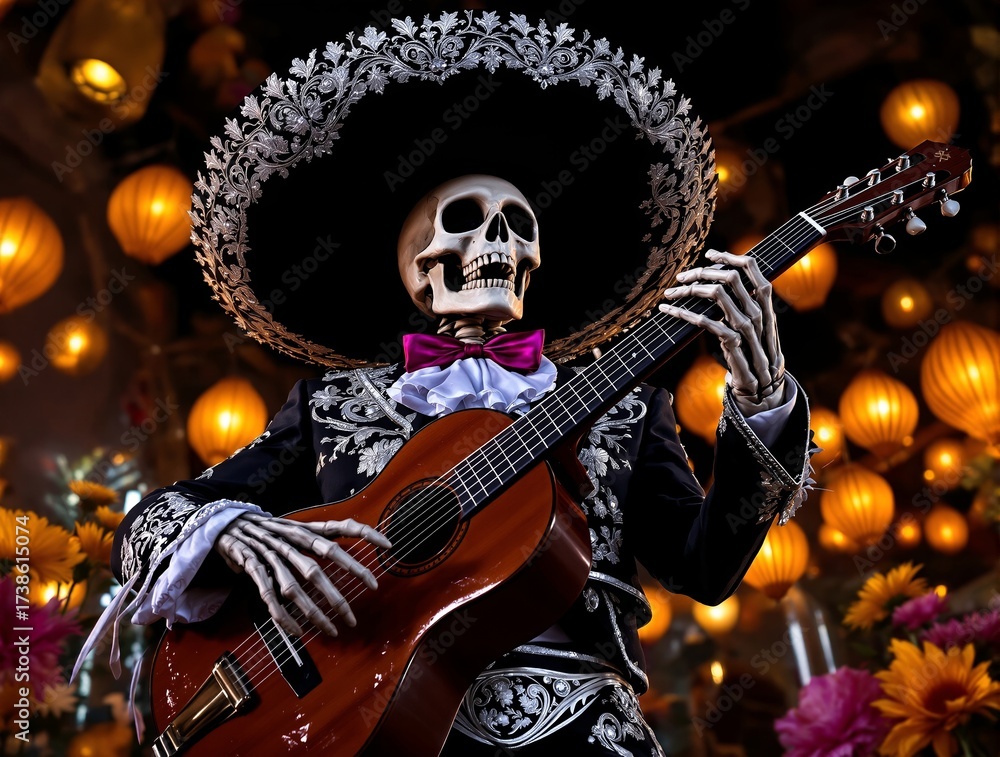 Obraz premium Celebración de Día de Muertos con un esqueleto tocando guitarra entre altares festivos y luces coloridas