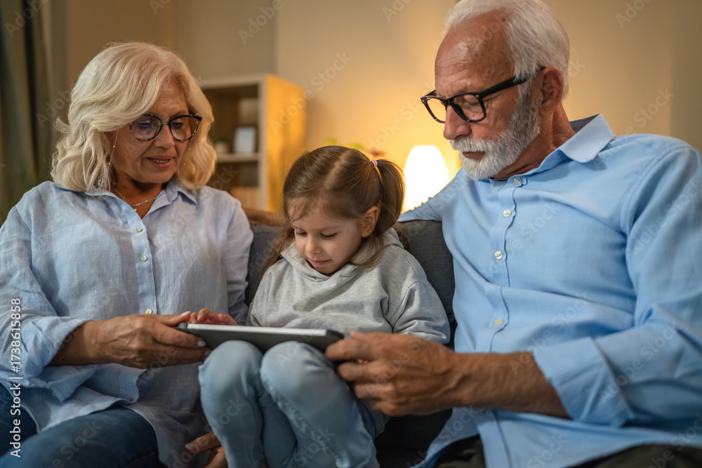 Obraz premium Grandchild using digital tablet with her grandparents at home