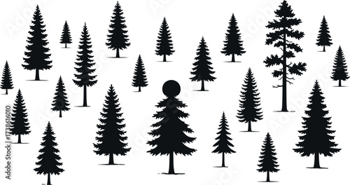 Forest silhouette vector with diverse conifer trees, abstract nature design, editable landscape elements, isolated pine shapes, minimal background art
