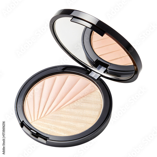  Open compact powder makeup case with mirror and dual tone textured face product