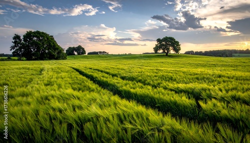 Vivid field of grass, trees under a dynamic sky at sunset