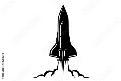 Black Vector Silhouette: Retro-Futuristic Rocket Launch (Abstract)	