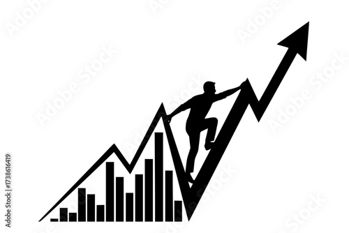 Black Vector Silhouette: Person Climbing a Steep Financial Graph	