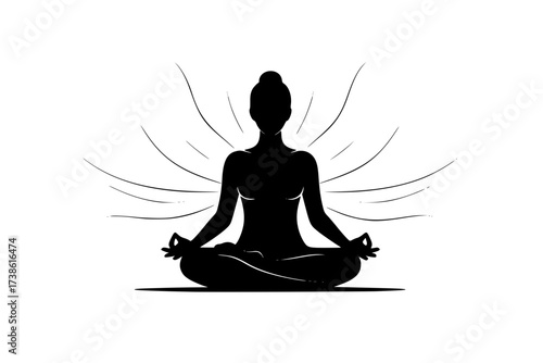 Black Vector Silhouette: Person Meditating in Lotus Pose at Sunrise	
