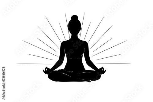 Black Vector Silhouette: Person Meditating in Lotus Pose at Sunrise	