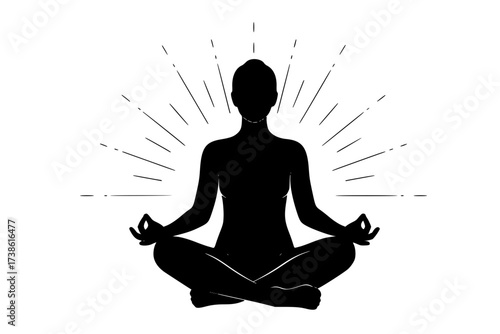 Black Vector Silhouette: Person Meditating in Lotus Pose at Sunrise	