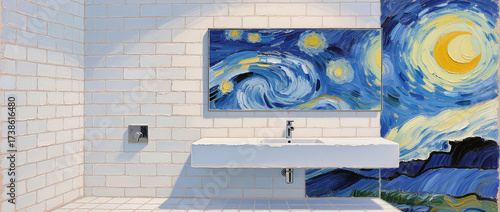 Fototapeta Naklejka Na Ścianę i Meble -  Creative twist on famous art in modern bathroom setting