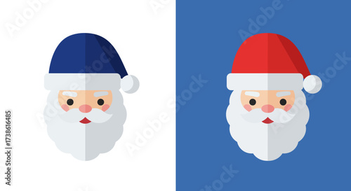 Dual santa claus icons in flat design with blue and red hats