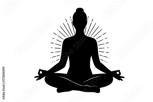 Black Vector Silhouette: Person Meditating in Lotus Pose at Sunrise	