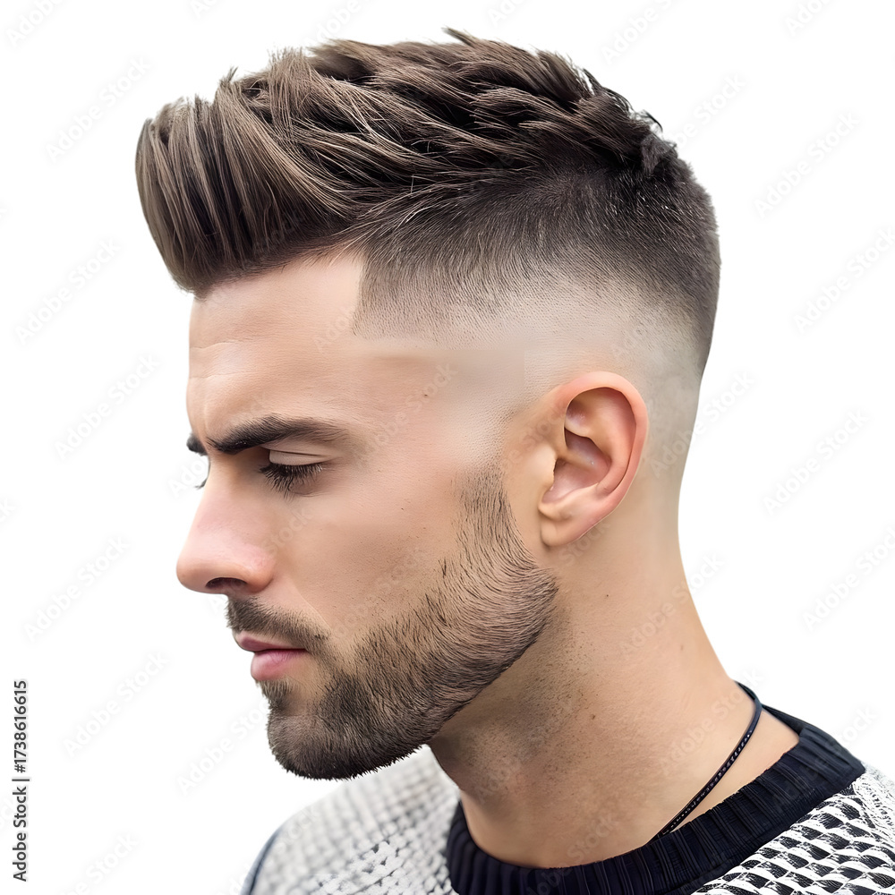 Fototapeta premium Young man with modern haircut and beard in profile against black background