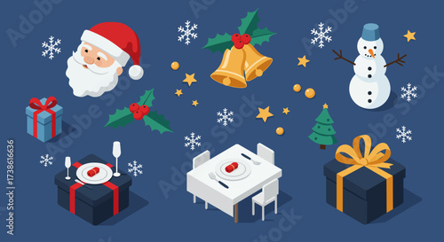 Festive isometric christmas elements with santa, snowman, and gifts