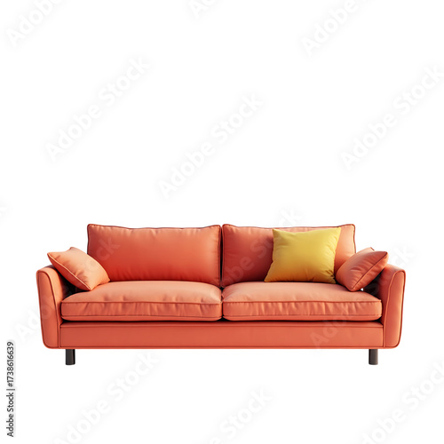 Comfortable orange sofa with yellow cushion isolated on transparent background