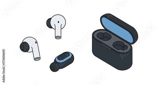 Isometric wireless earbuds and charging case: stylish tech gadgets