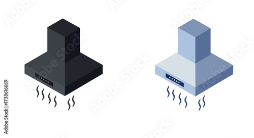 Isometric kitchen hoods in dark and light tones with steam effect