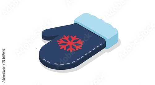 Isometric winter mitten with snowflake design on blue background