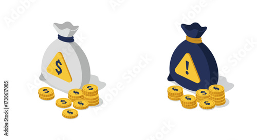 Isometric money bags with coins: economy, finance, and investment concepts