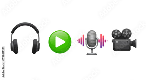 Digital media icons: headphones, play button, microphone, and video camera