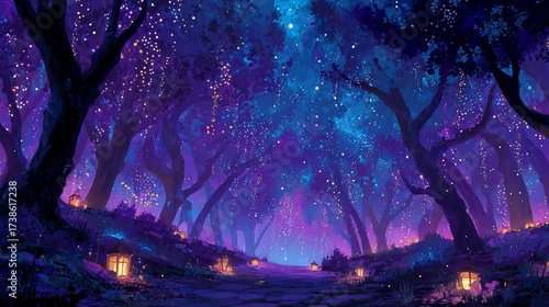 Enchanted forest path, illuminated at night with magical lights, background of starry sky. Use fantasy book cover