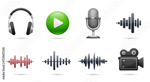 Set of 3d music and sound icons with headphones, microphone, and audio waves