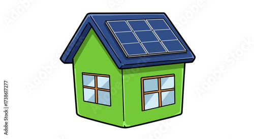 Eco-friendly green house with solar panels on roof in cartoon style