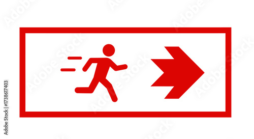 Emergency exit sign with running figure and bold arrow in red outline design