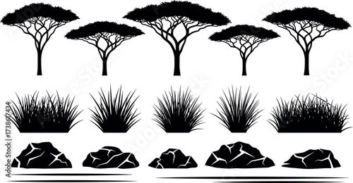 Savanna acacia tree silhouettes, tall grass clumps, cracked rocks and terrain elements for nature, landscape, desert, and wildlife design