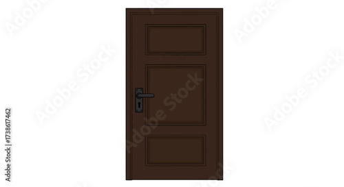 Classic wooden door with panel design and black handle in front view