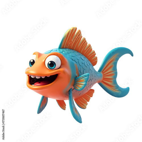 Funny cartoon orange and blue fish with big eyes and sharp teeth isolated on transparent background