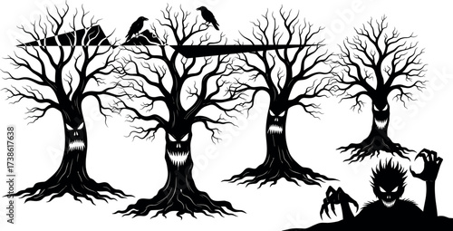 Scary Halloween forest with evil trees, creepy monster, twisted branches, crows, horror silhouettes, spooky night scene, eerie vector art