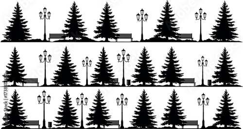 Seamless park scene pattern with pine trees, benches, streetlamps, and trash bins in black silhouette on white background design