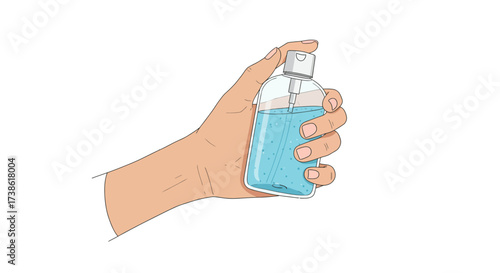 Hand holding sanitizer bottle with blue liquid in minimal style