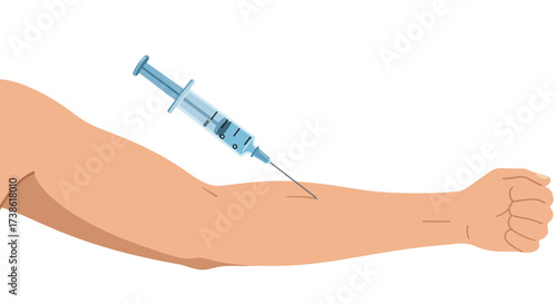 Flat design illustration of injection into arm for medical and health concepts