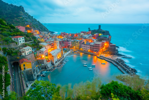 Vernazza, La Spezia, Liguria, Italy in the Cinque Terre region at sunrise.