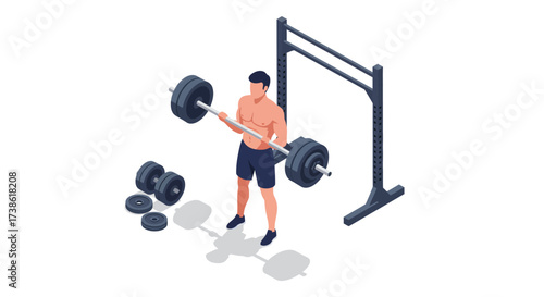 Isometric gym scene: weightlifting with barbell and rack equipment