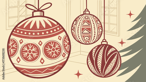 Three vintage christmas balls hanging in a room with a christmas tree, creating a festive and nostalgic atmosphere for the holiday season