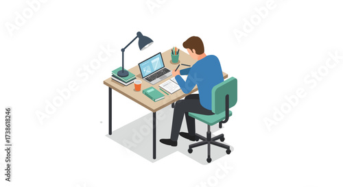 Isometric home office workspace with laptop and modern furniture