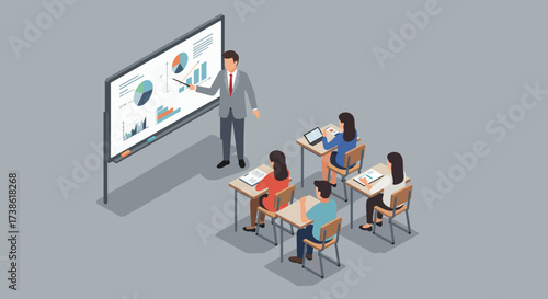 Business seminar presentation in isometric style classroom learning setting
