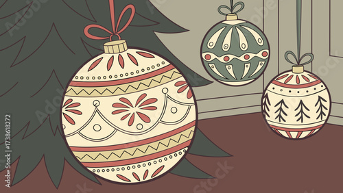 Three vintage christmas balls hanging near a christmas tree and window, creating a festive and nostalgic atmosphere for the holiday season