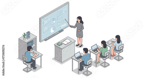 Isometric classroom scene with teacher and students engaged in digital learning