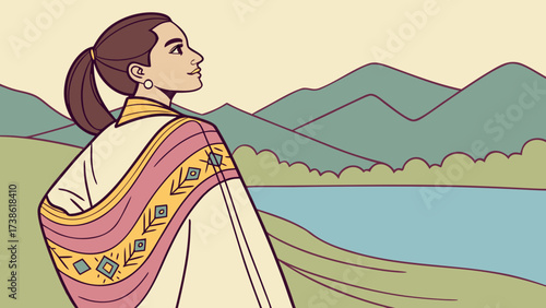 A woman in ethnic attire gazes at the lake and mountains, embodying cultural richness and the tranquility of nature, inviting reflection and peace