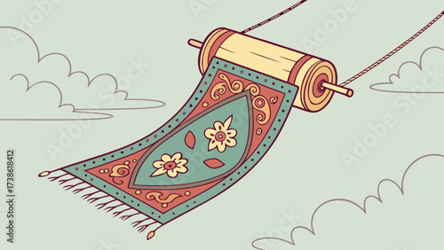 A rolledup flying carpet soars through the sky amidst fluffy clouds, evoking a sense of adventure and fantasy in a whimsical illustration