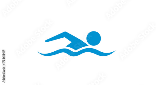 Minimalist blue swimmer icon with waves on white background