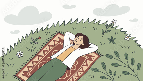 A woman relaxing on a carpet outdoors surrounded by nature, enjoying a moment of tranquility and peace under the open sky