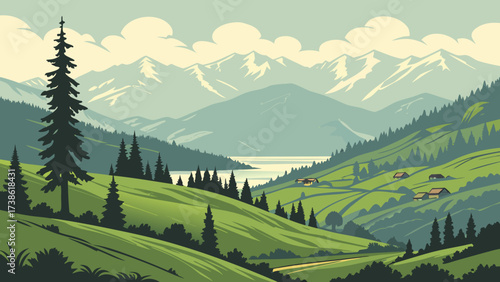 A picturesque mountain landscape with rolling green hills, a serene lake, and snowcapped peaks in the distance, creating a tranquil and scenic view