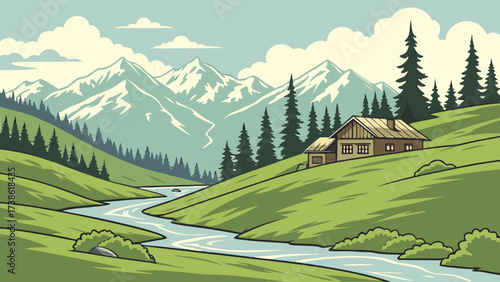 A scenic mountain landscape featuring a charming cabin nestled on a green hillside, with a winding river and snowcapped peaks in the background